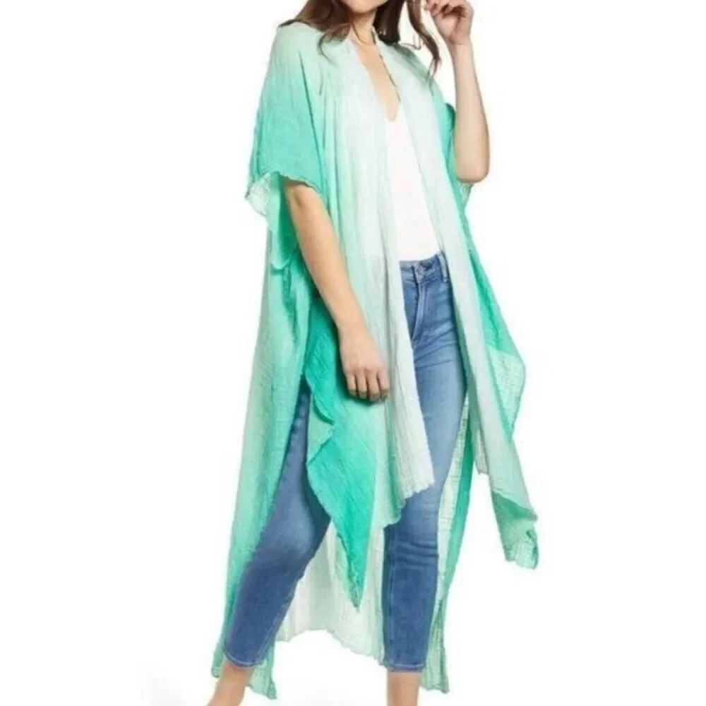 Free People Ombré Green Short Sleeve Duster